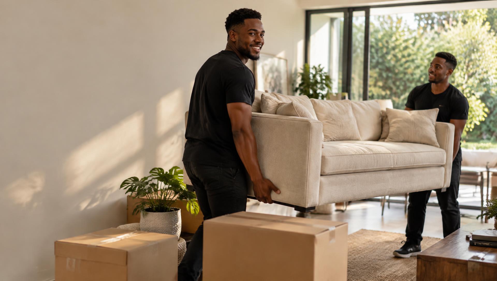 Movers carefully carrying a sofa into a modern home